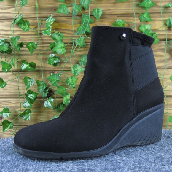 AK Sport Akarora Black Wedge Heel Ankle Booties Side Zip Comfort Casual Shoes 8 - Picture 1 of 8